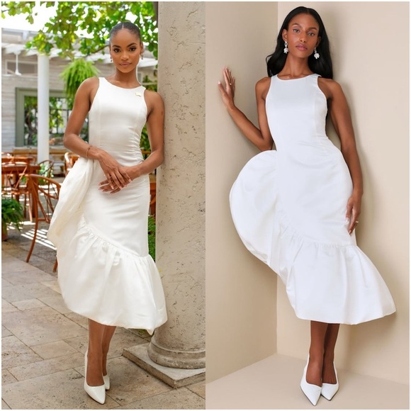 LULU’S Magnificent Presence White Ruffled Asymmetrical Midi Dress - Picture 1 of 5